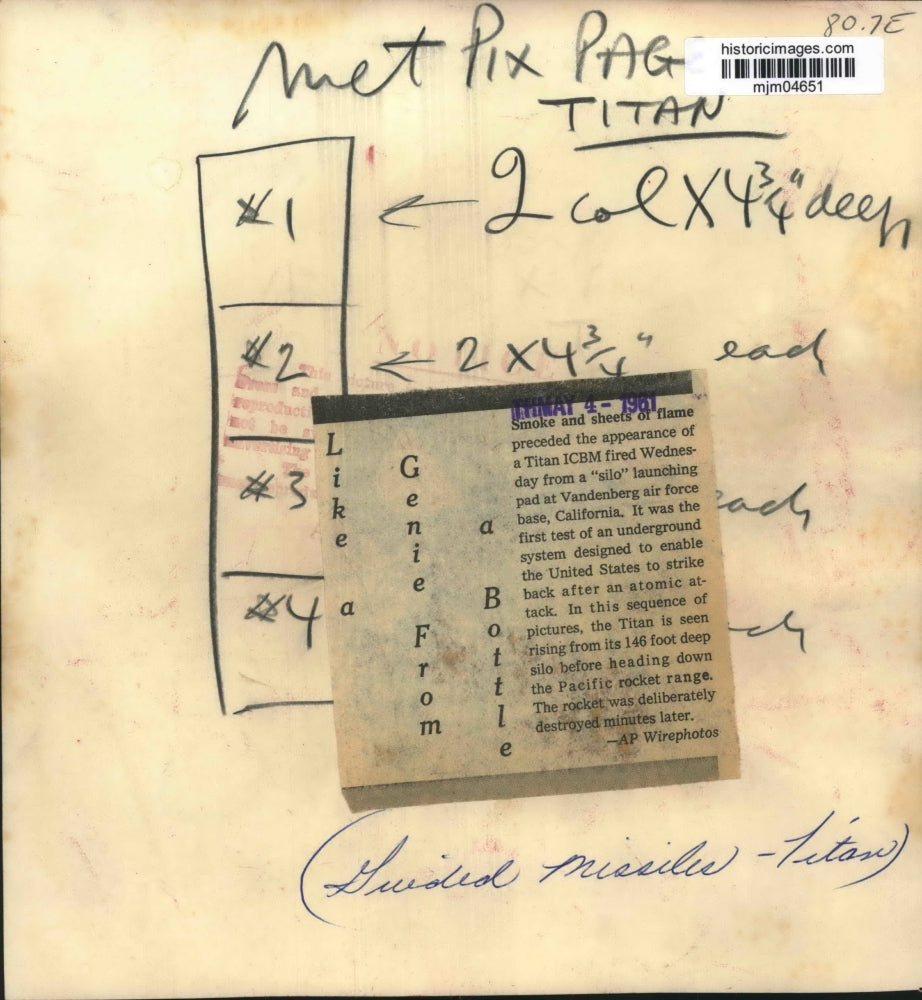 1961 Press Photo Titan Missile Launches, Vandenberg Air Force Base, California