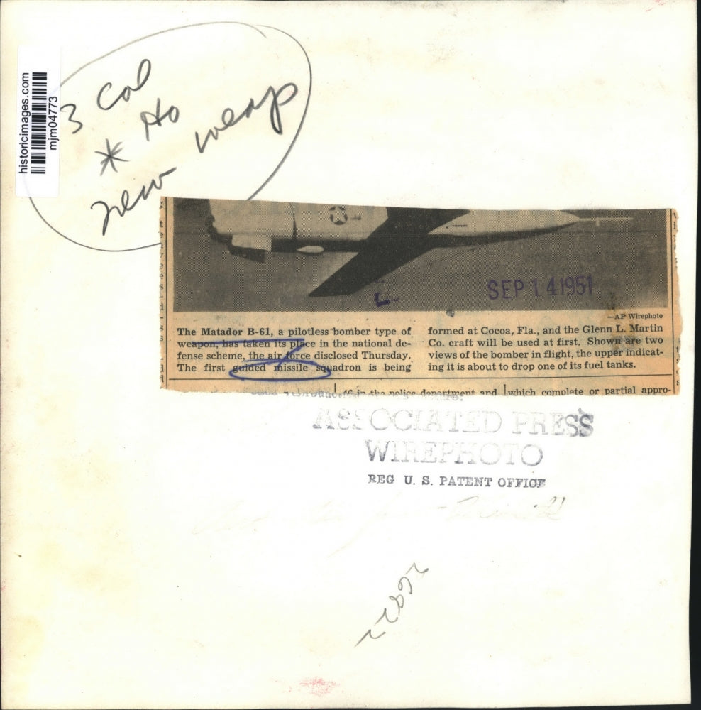 1951 Press Photo Views of the Matador B-61 pilotless bomber type weapon