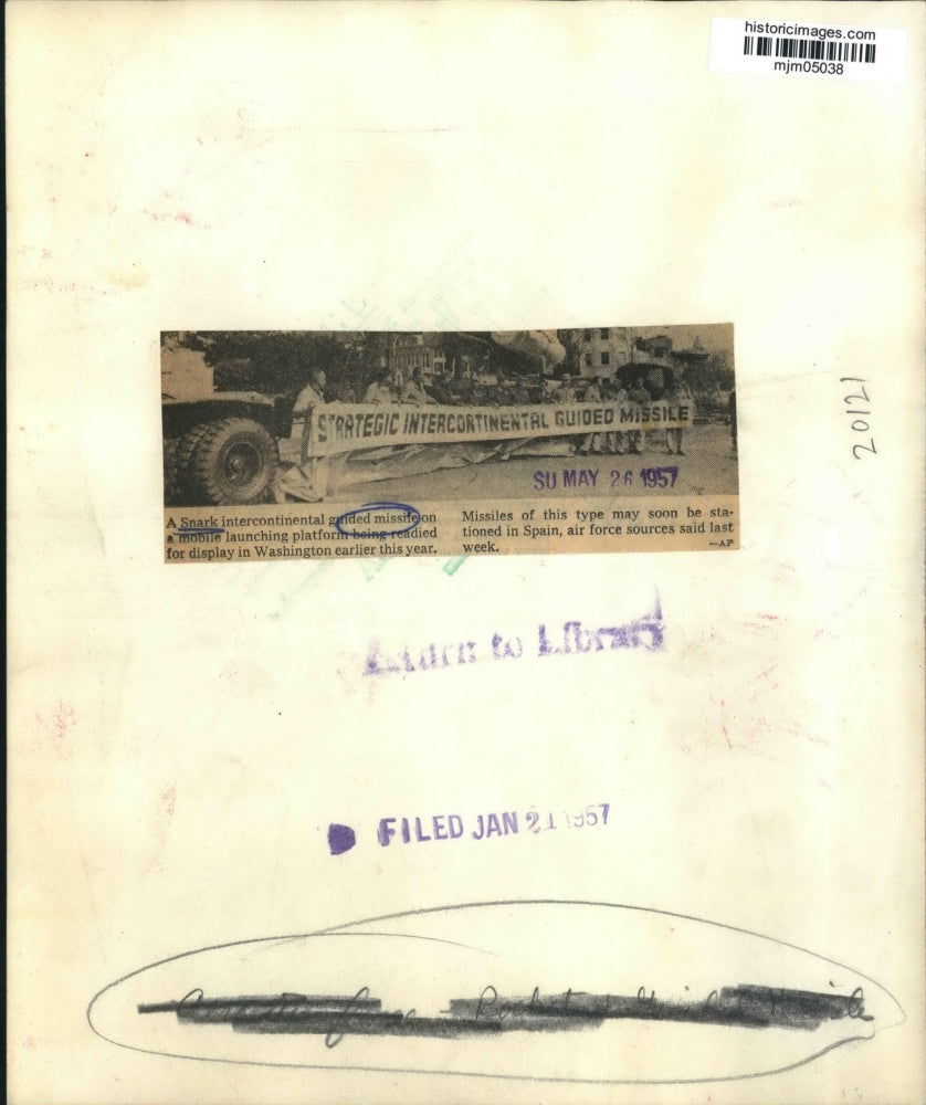 1957 Press Photo Snark Intercontinental Guided Missile on Display in Washington