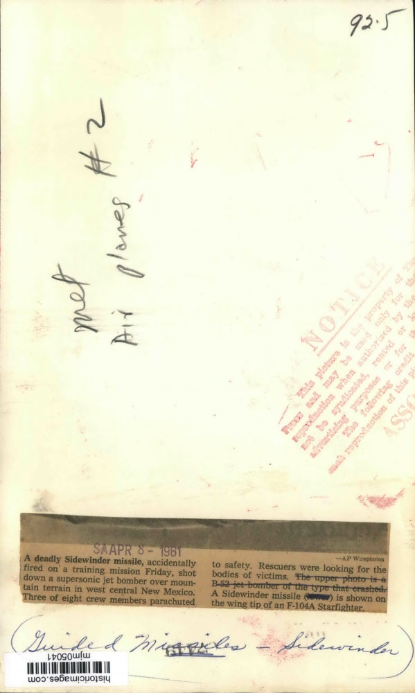 1961 Press Photo B-52 bomber accidentally shot down over mountains in New Mexico