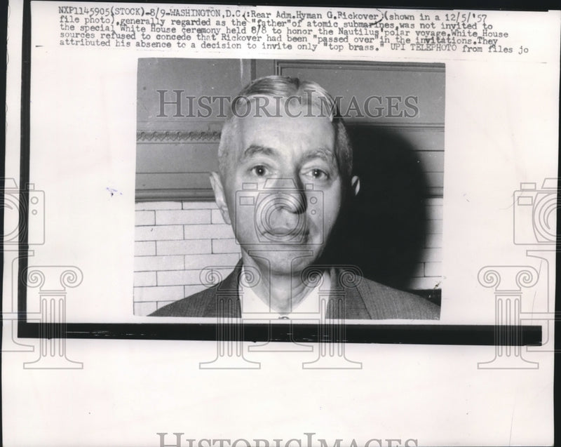 Load image into Gallery viewer, 1957 Press Photo Rear Admiral Hyman G. Rickover, Father of Atomic Submarine
