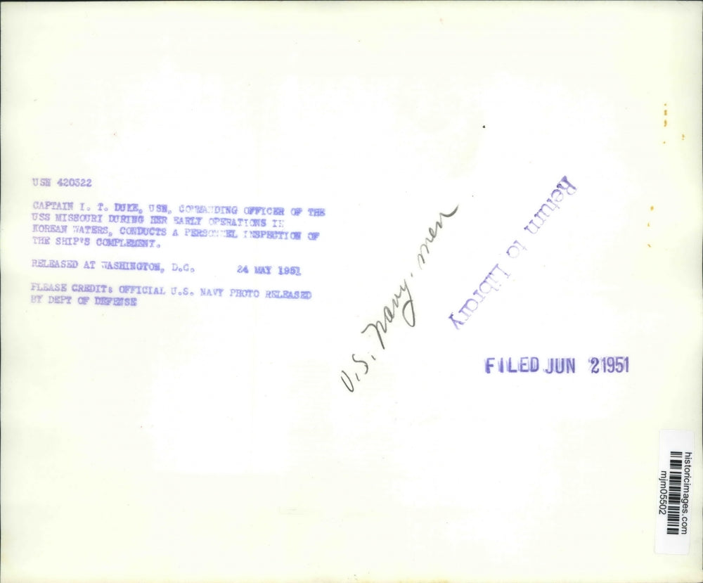 1951 Press Photo I. T. Duke, conducting a personnel inspection, USS Missouri