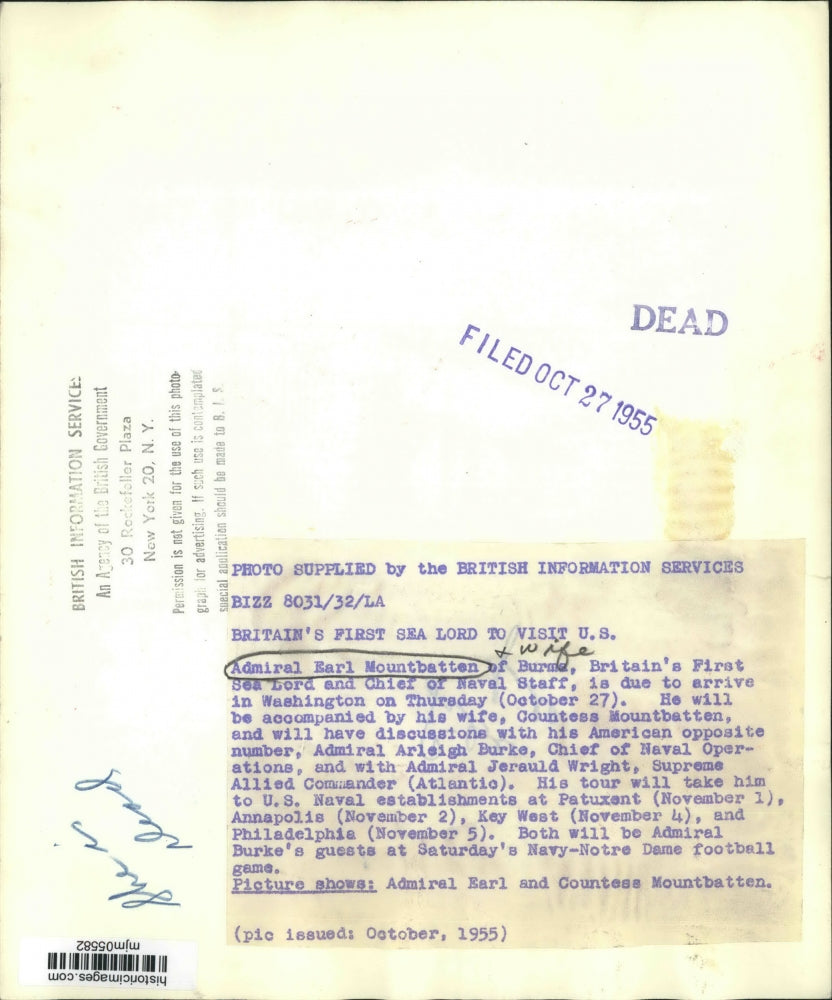 1955 Press Photo Admiral Earl and Countess Mountbatten, Britain - mjm05582