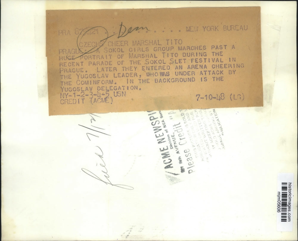 1948 Press Photo Sokol Slet Festival Marchers in Prague, Czechoslovakia