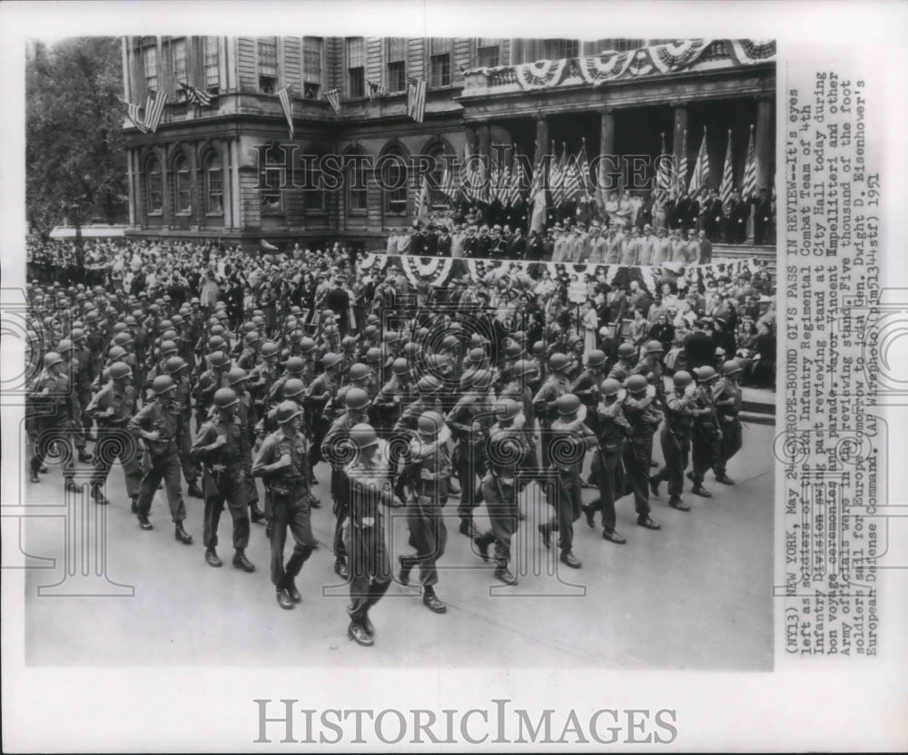 1951 Press Photo Infantry Combat team marching in bon voyage parade, New York- Historic Images