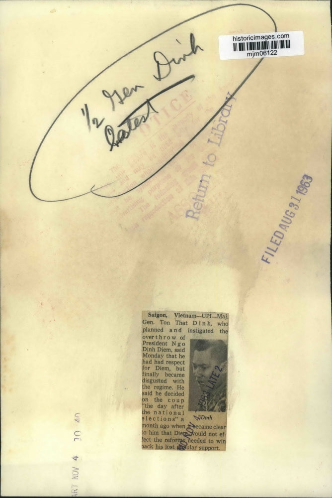1963 Press Photo Vietnam War - Brigadier General Ton That Dinh, Saigon