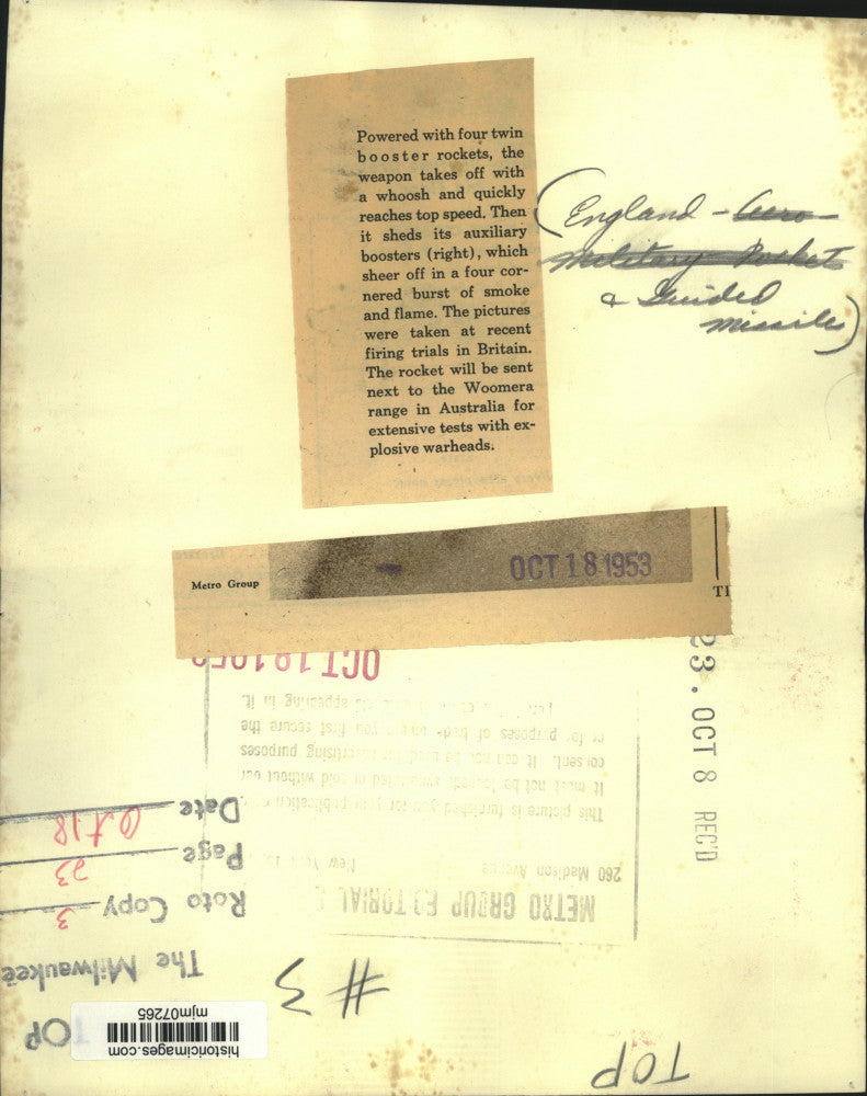 1953 Press Photo Guided Missile Firing Trials in England - mjm07265