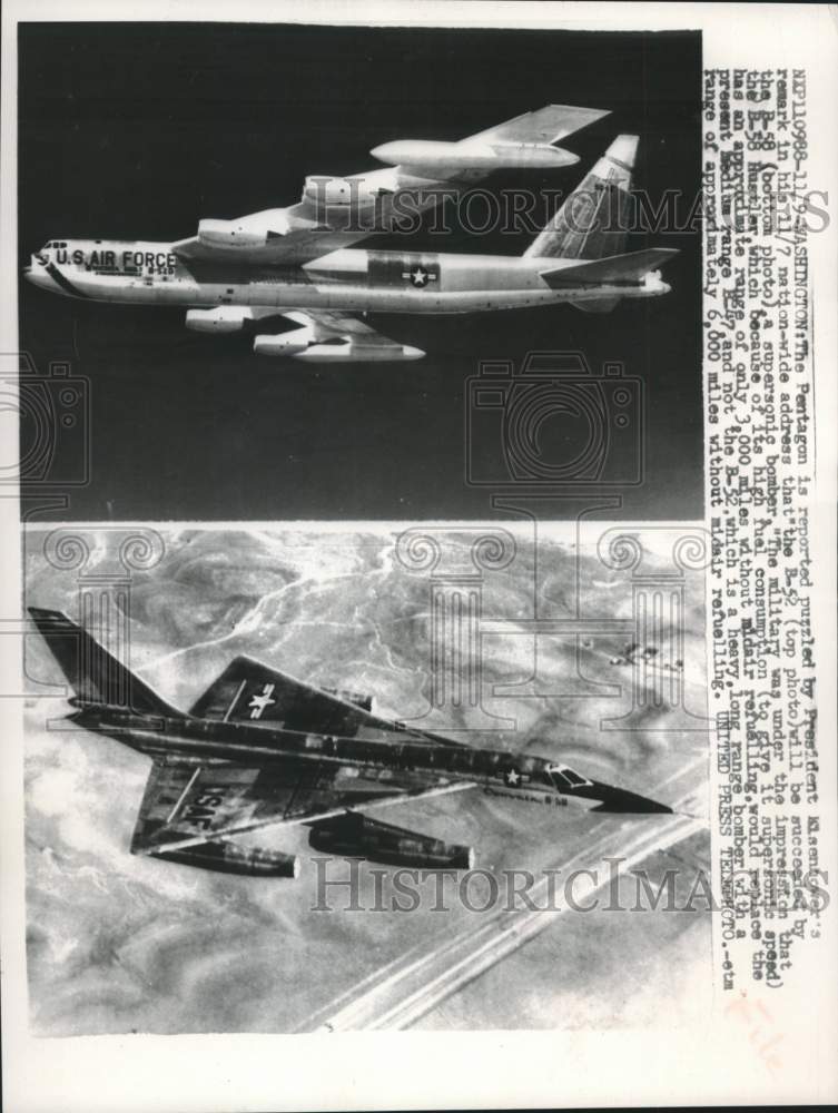 Load image into Gallery viewer, 1957 Press Photo B-52 and B-58 Bombers, United States Air Force Planes
