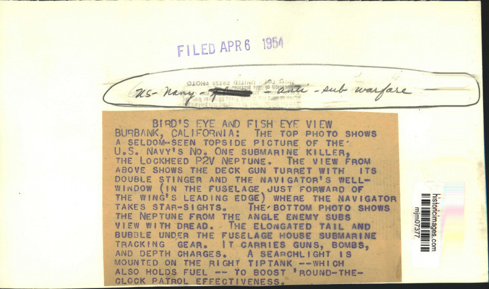 1954 Press Photo Lockheed P2V Neptune, United States Navy Plane - mjm07377