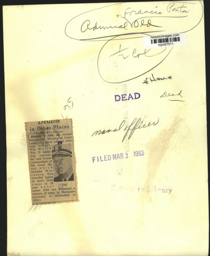 1953 Press Photo Francis P. Old, Retired Vice-Admiral, Illinois - mjm07511