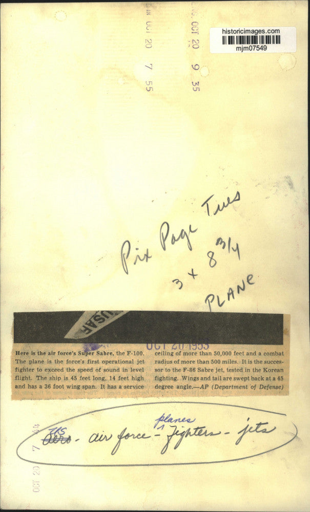 1953 Press Photo United States Air Force F-100 Super Sabre, Jet Fighter