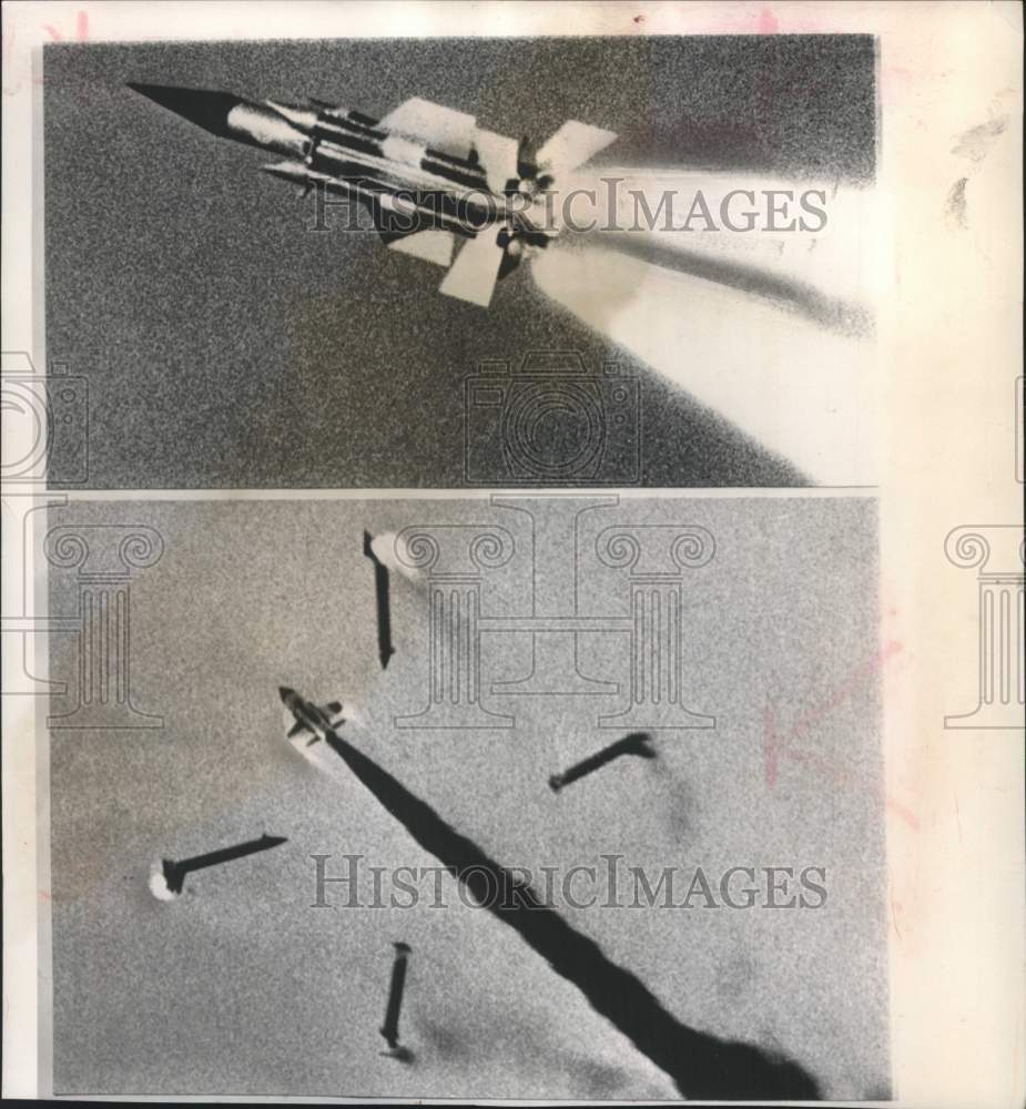 1957 Press Photo British Missile with Booster Rockets, in Test Flight