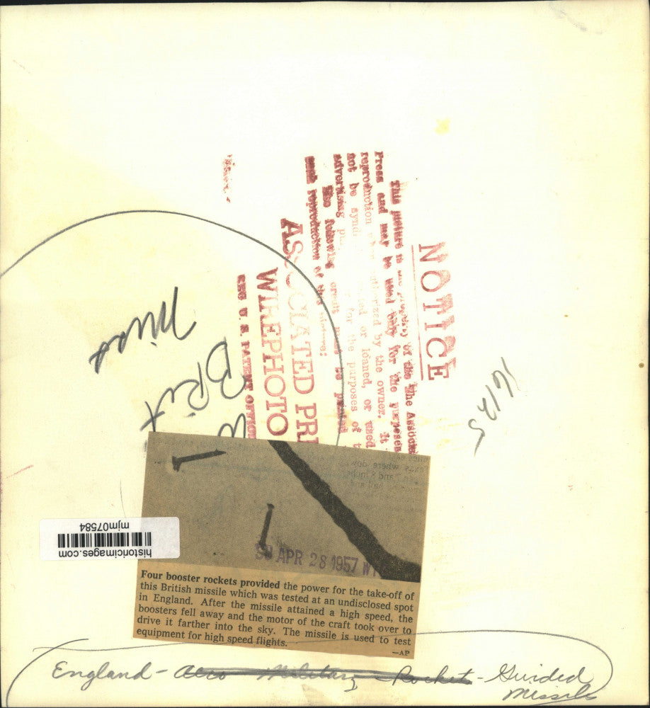 1957 Press Photo British Missile with Booster Rockets, in Test Flight