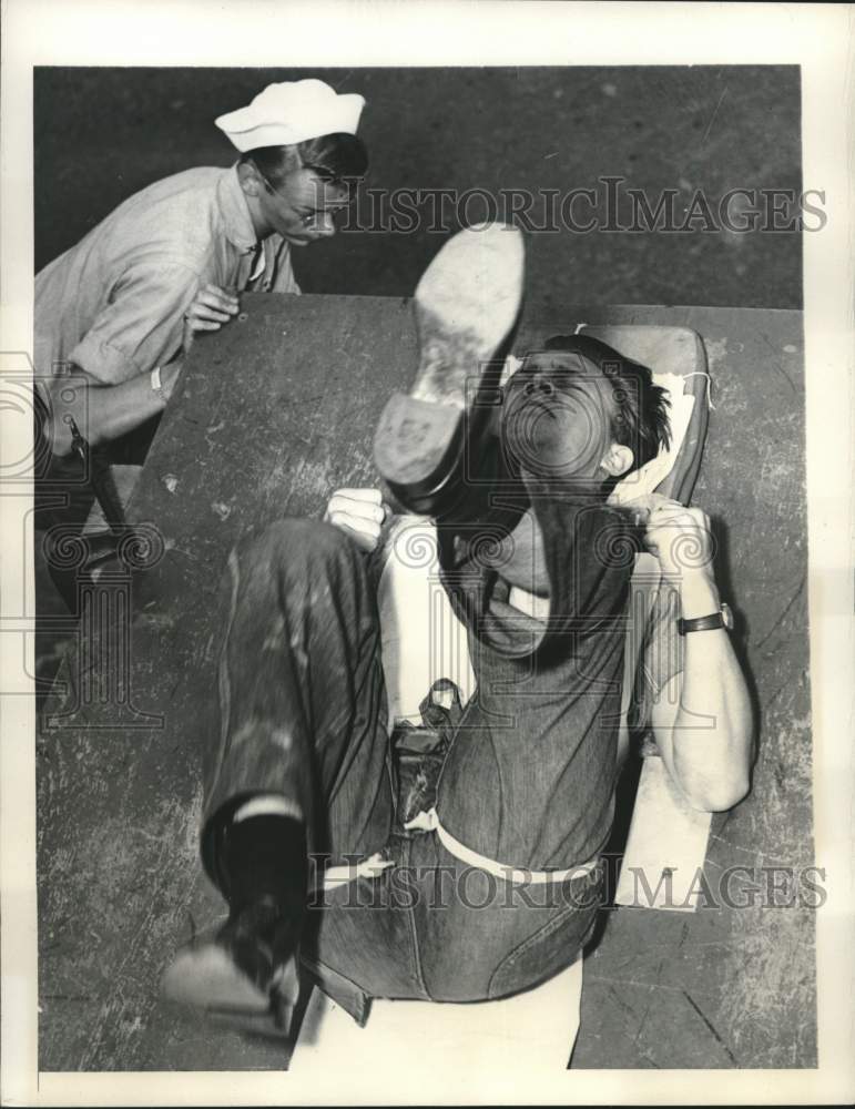1946 Press Photo Phillip Babbington Tests Navy Crash Harness, Maryland