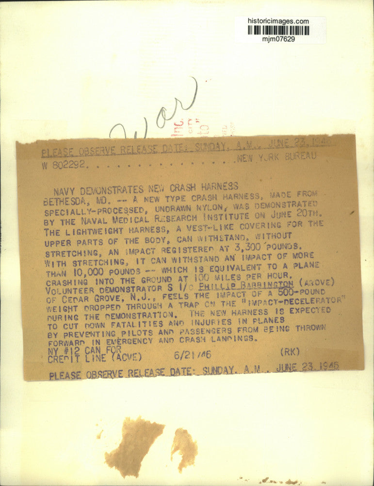 1946 Press Photo Phillip Babbington Tests Navy Crash Harness, Maryland