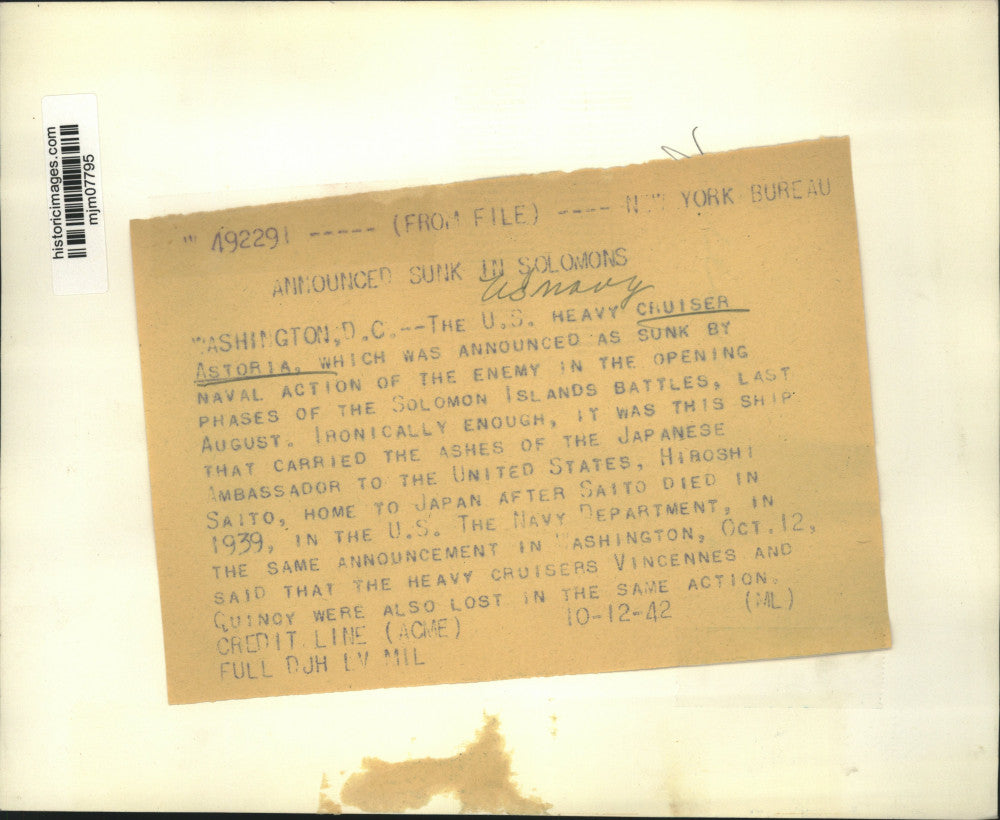 1942 Press Photo US Cruiser Astoria, carried AMB Hiroshi Saito, home to Japan