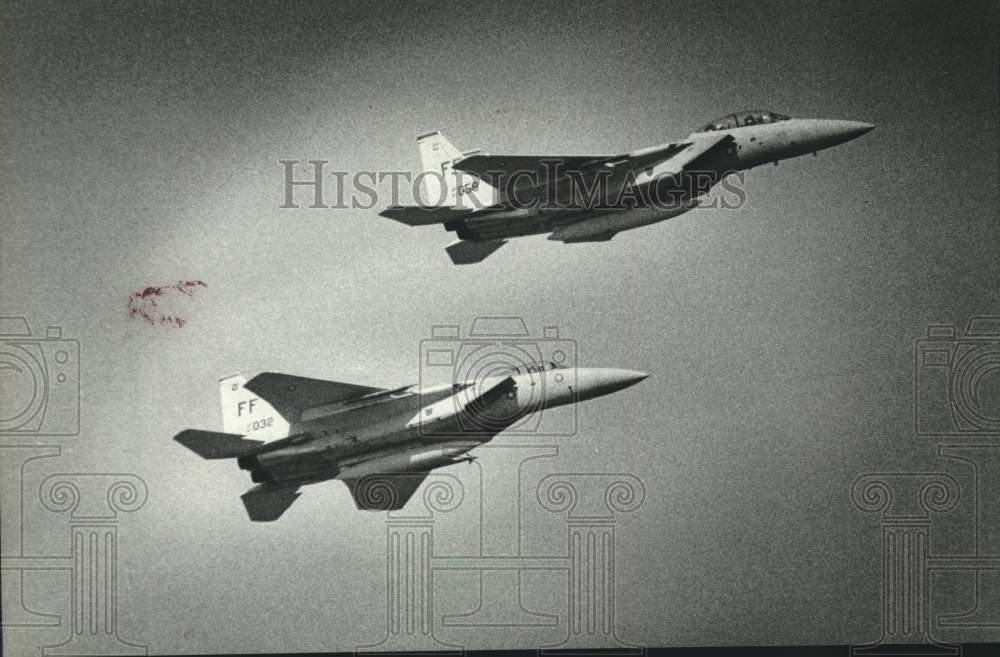 1983 Press Photo Two F-15s flew over Lanley Air Force Base - mjm07975