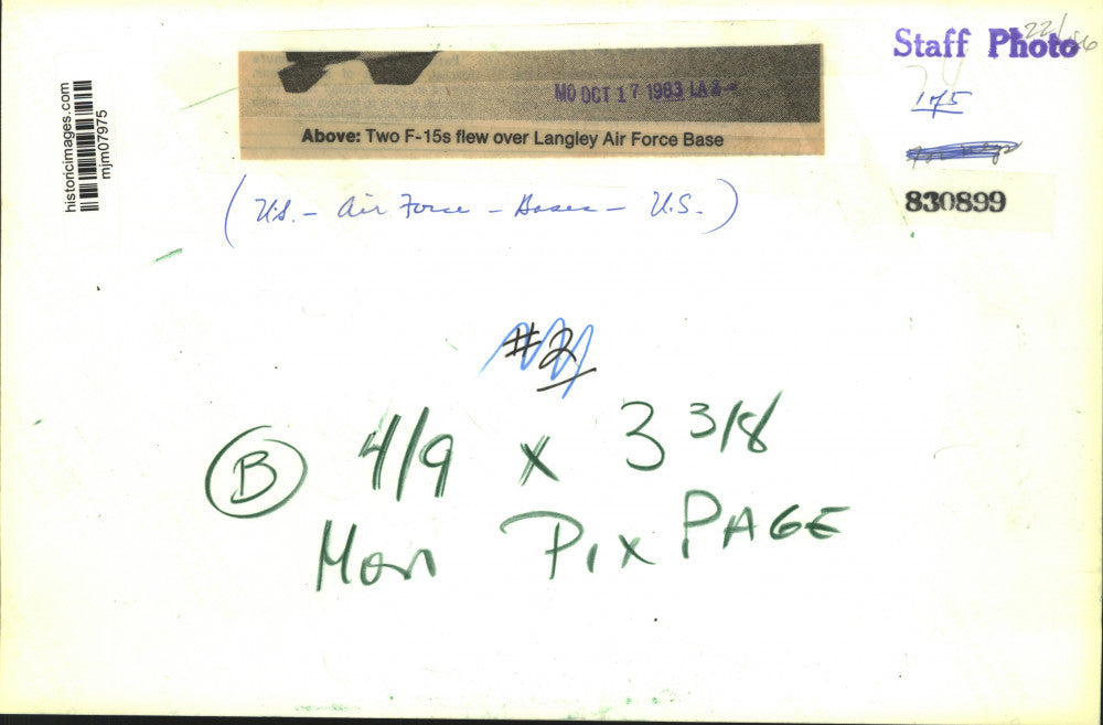 1983 Press Photo Two F-15s flew over Lanley Air Force Base - mjm07975