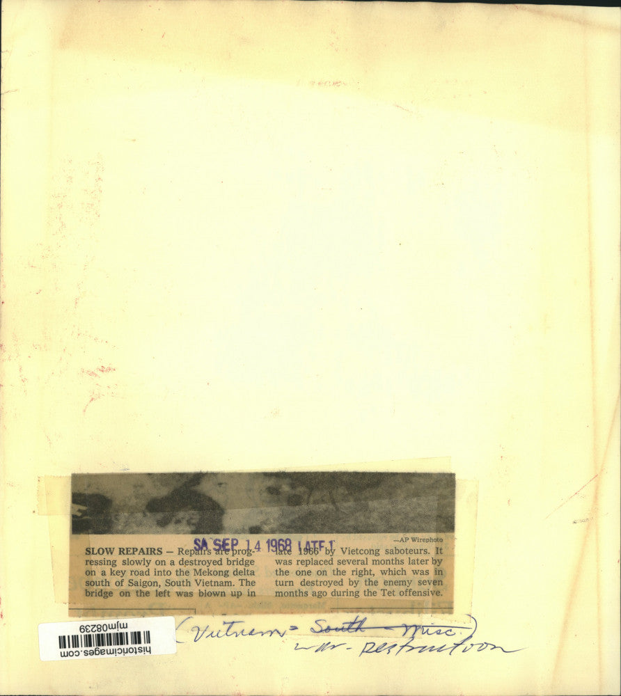 1968 Press Photo Destroyed bridge under repair in Mekong delta, South Vietnam