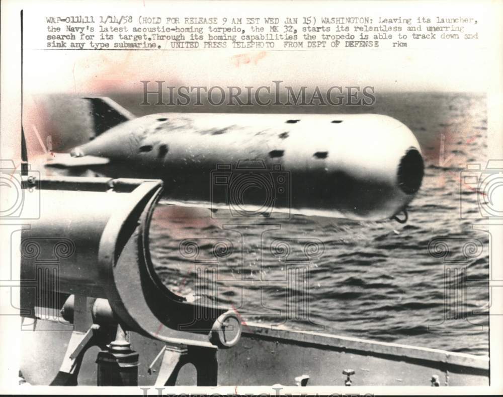 1958 Press Photo Mark 32 Navy Torpedo For Submarine Warfare - mjm08628