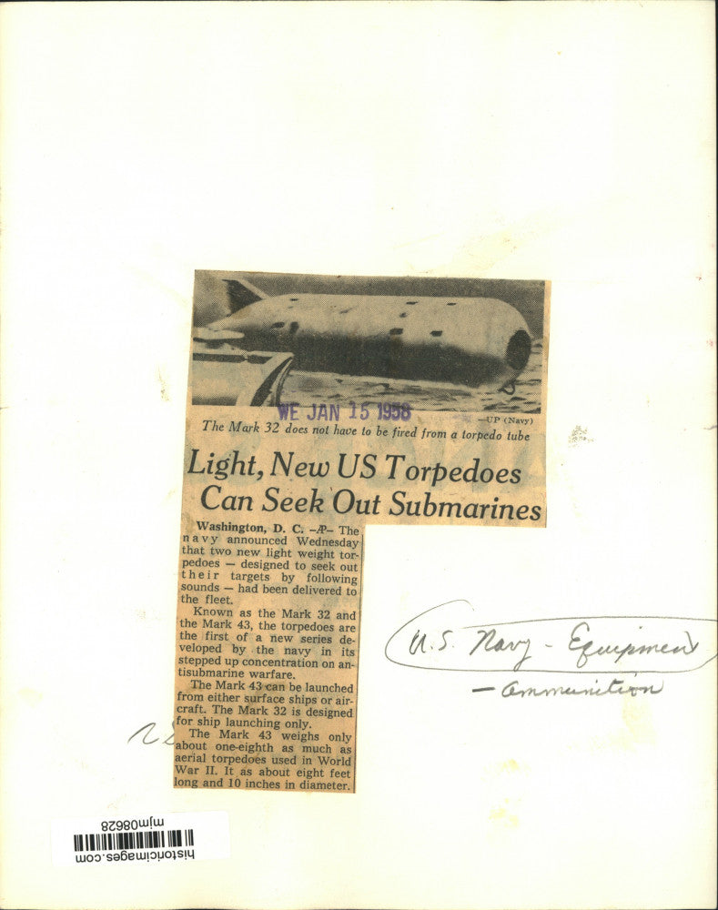1958 Press Photo Mark 32 Navy Torpedo For Submarine Warfare - mjm08628