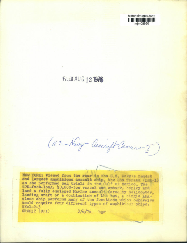 1976 Press Photo USS Tarawa, LHA-1 Amphibious Assault Ship shown on Sea Trials