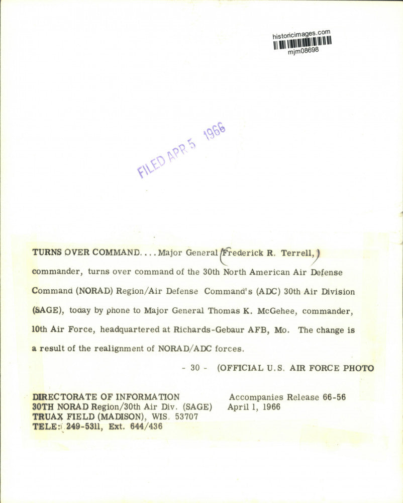 1966 Press Photo Major General Frederick R. Terrell Turns over Command of NORAD