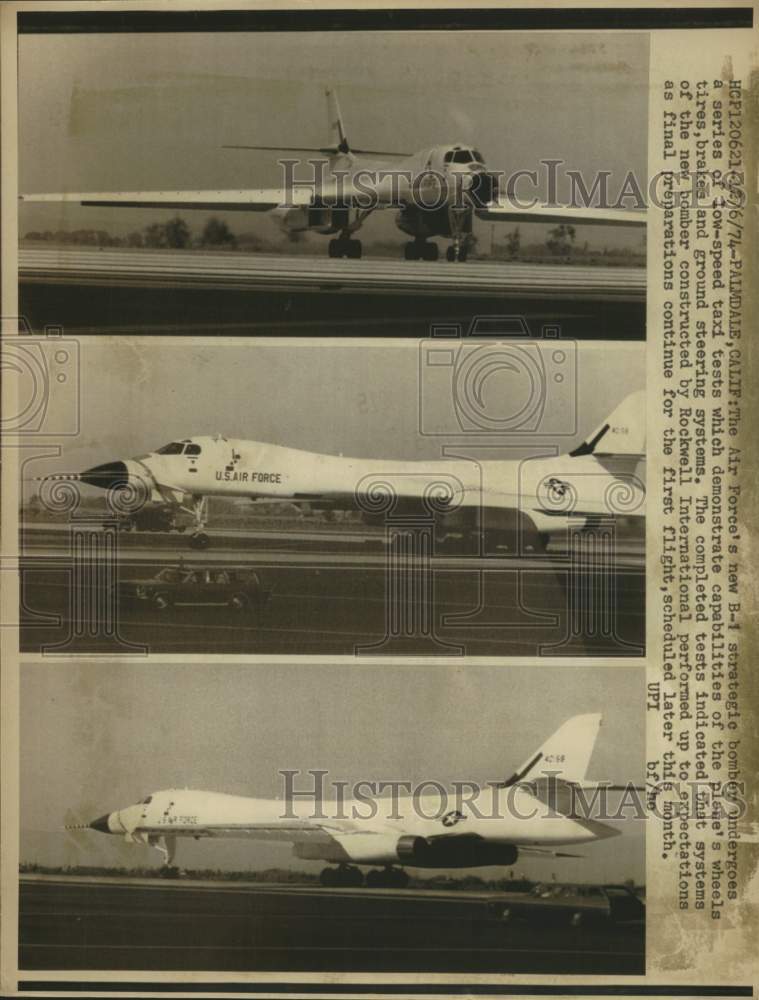 1974 Press Photo US Air Force new B-1 bomber undergoes flight tests on runway