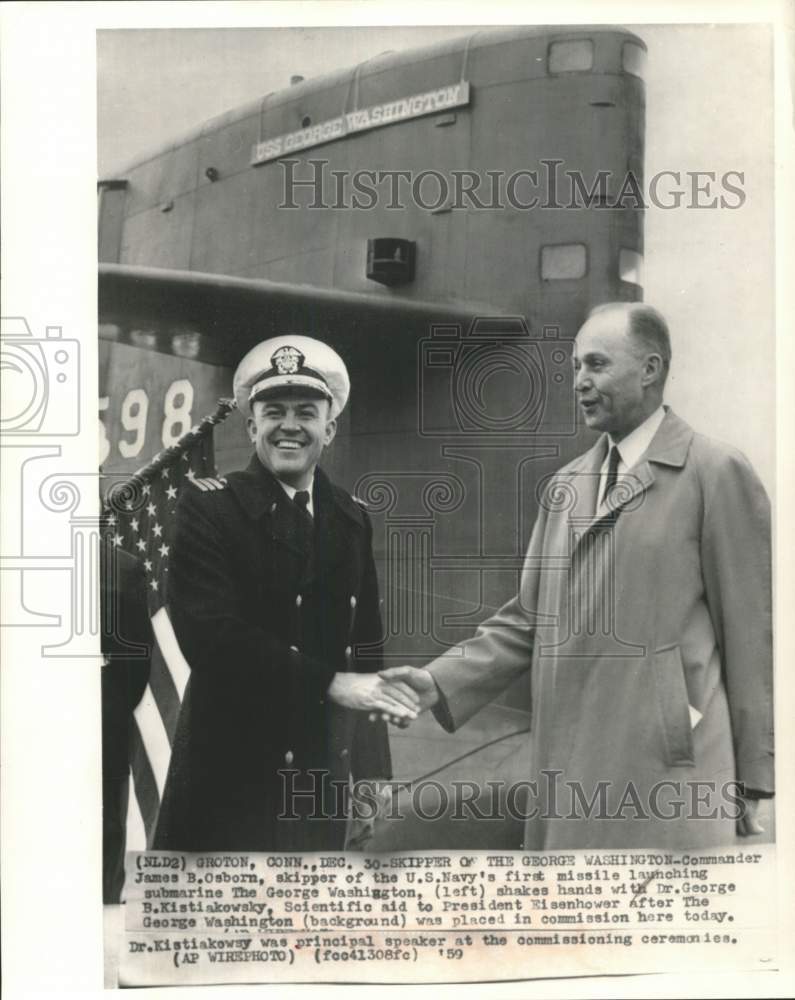 1959 Press Photo Commander James Osborn, Doctor George Kistiakowsky shake hands