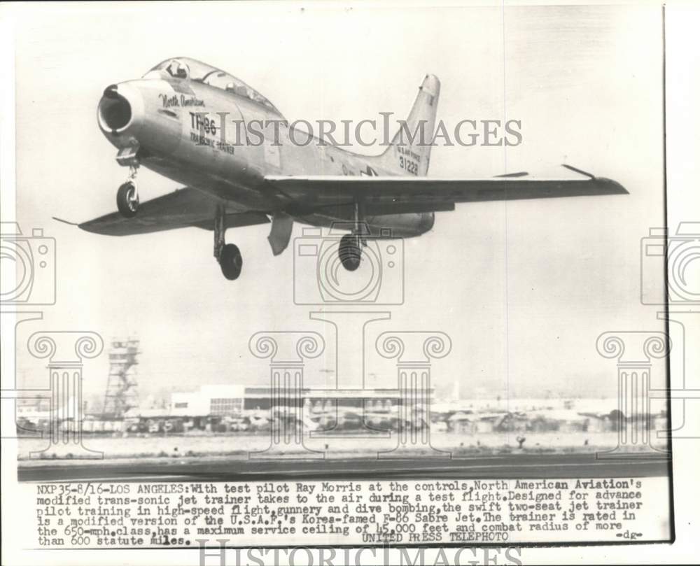 1954 Press Photo Test Pilot Ray Morris Tests a Two-Seat Jet Trainer, Los Angeles