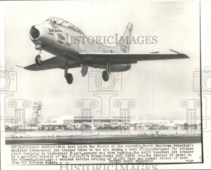 Load image into Gallery viewer, 1954 Press Photo Test Pilot Ray Morris Tests a Two-Seat Jet Trainer, Los Angeles

