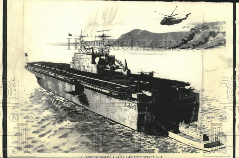 1973 Press Photo Artist's rendition of the USS Tarawa amphibious assault ship