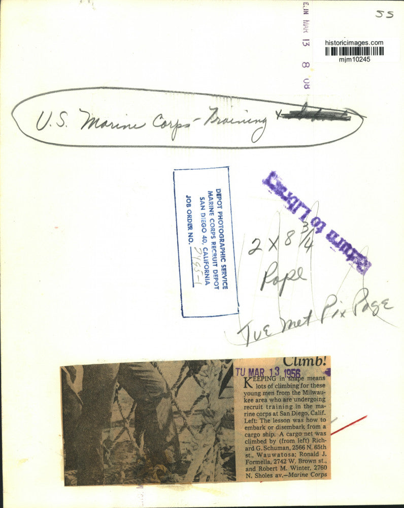 1956 Press Photo Marines from Milwaukee are undergoing training in California.