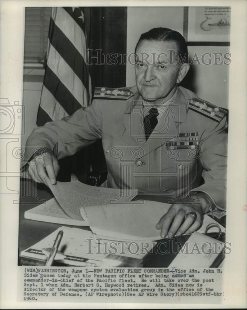 1960 Press Photo US Navy Vice Admiral John H. Sides poses at his Pentagon office