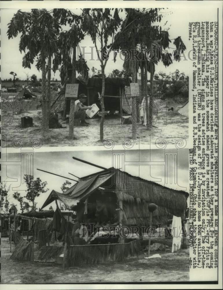 1962 Press Photo U.S. Marines in Thailand inside shelters they devised