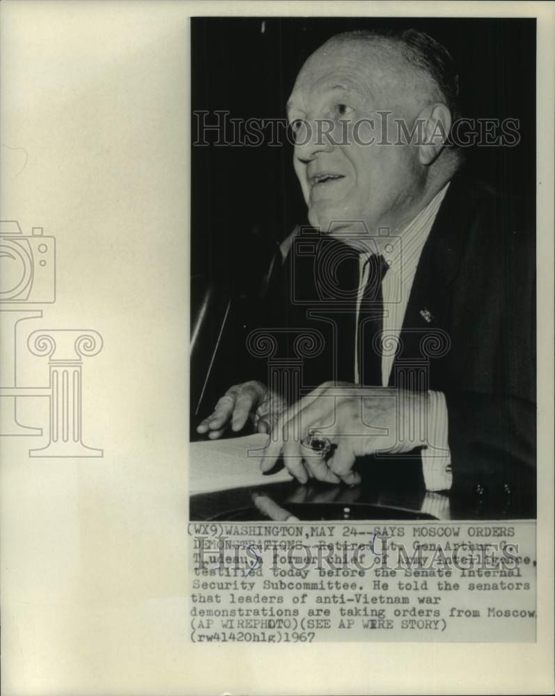 1967 Press Photo Lt Gen Arthur Trudeau Senate Testimony, Vietnam Demonstrations