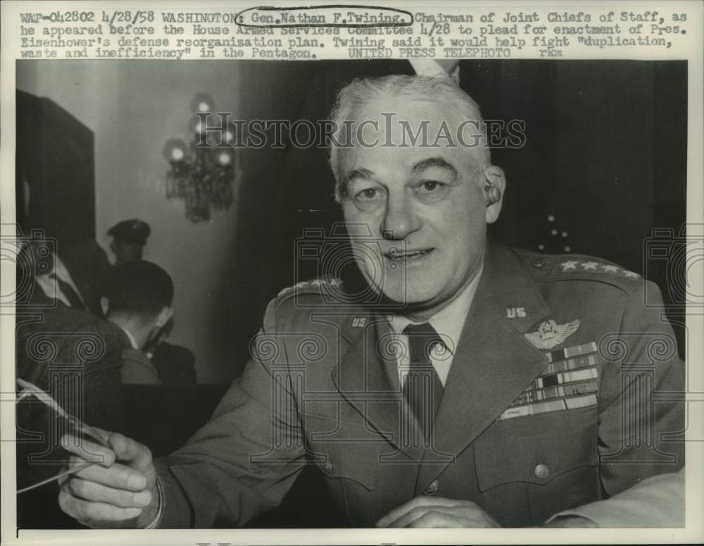 1958 Press Photo Gen. Nathan Twining at House Armed Services Committee hearing.