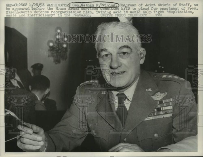 Load image into Gallery viewer, 1958 Press Photo Gen. Nathan Twining at House Armed Services Committee hearing.
