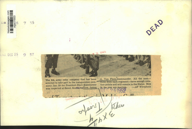 Load image into Gallery viewer, 1952 Press Photo The 8th Army Color Company being inspected by General Van Fleet
