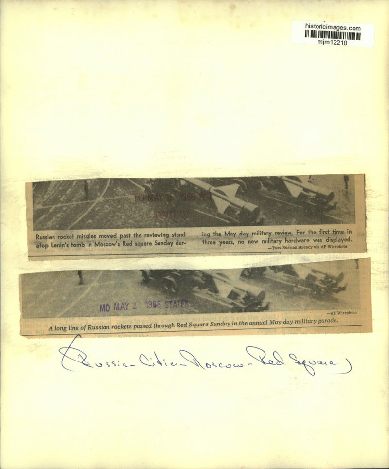 Load image into Gallery viewer, 1966 Press Photo Russian rockets pass through Red Square during May Day parade
