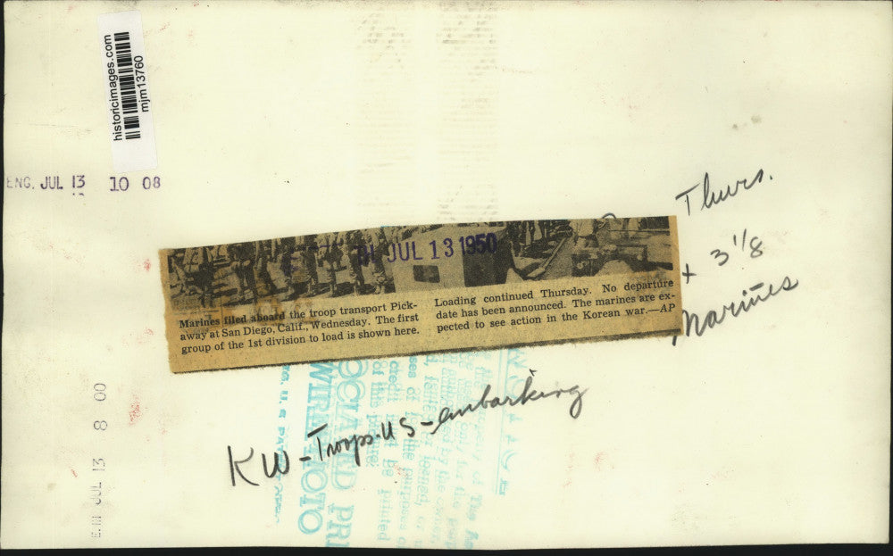 1950 Press Photo Transport Ship Pickaway Embarks Marines At San Diego California