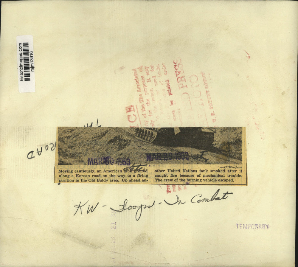 1953 Press Photo American tank on a Korean road en route to Old Baldy area.