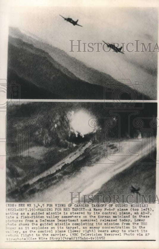 1952 Press Photo View of Carrier Takeoff of Guided Missile Mission in Korea