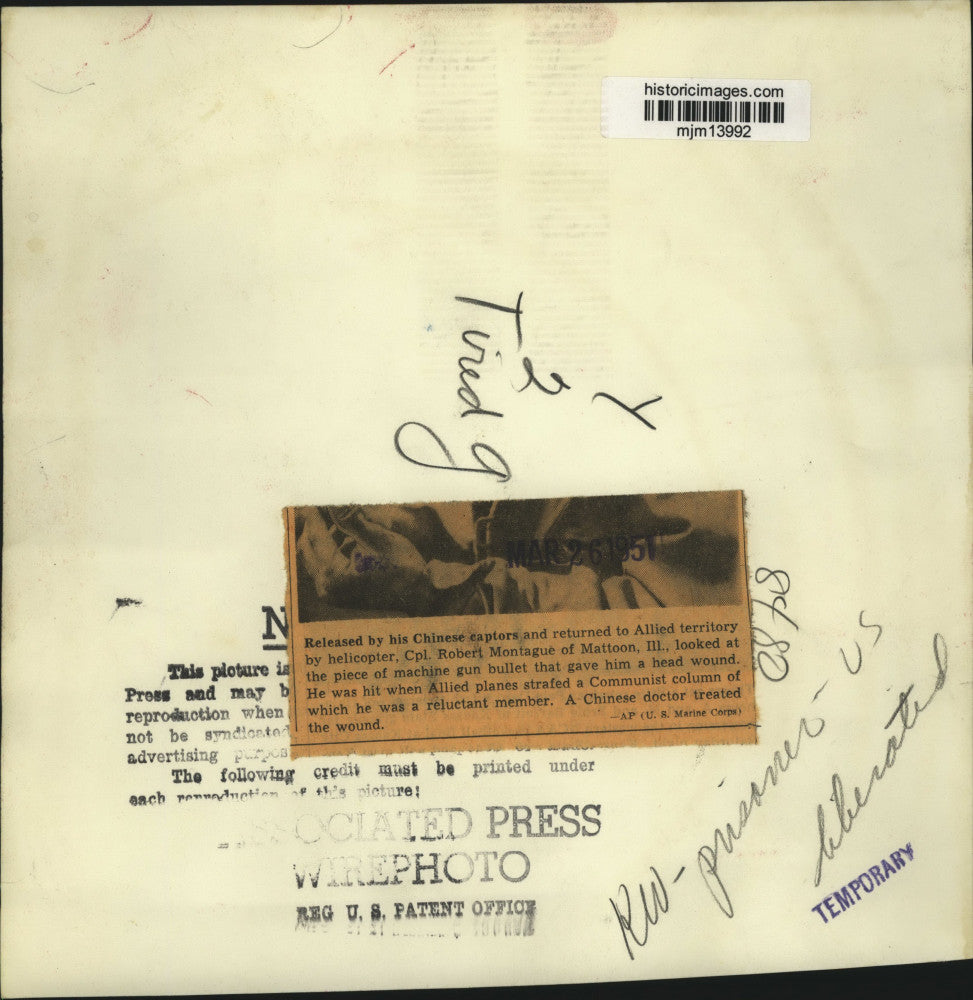 1951 Press Photo Chinese Treated and Returned Cpl Robert Montague to Allies