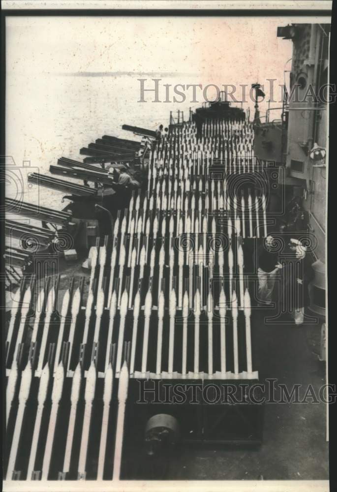 1950 Press Photo Rocket launchers and missiles on the ship's deck for Korean war
