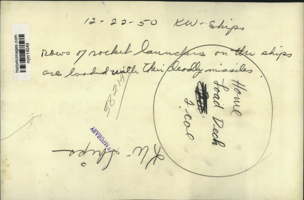 1950 Press Photo Rocket launchers and missiles on the ship's deck for Korean war