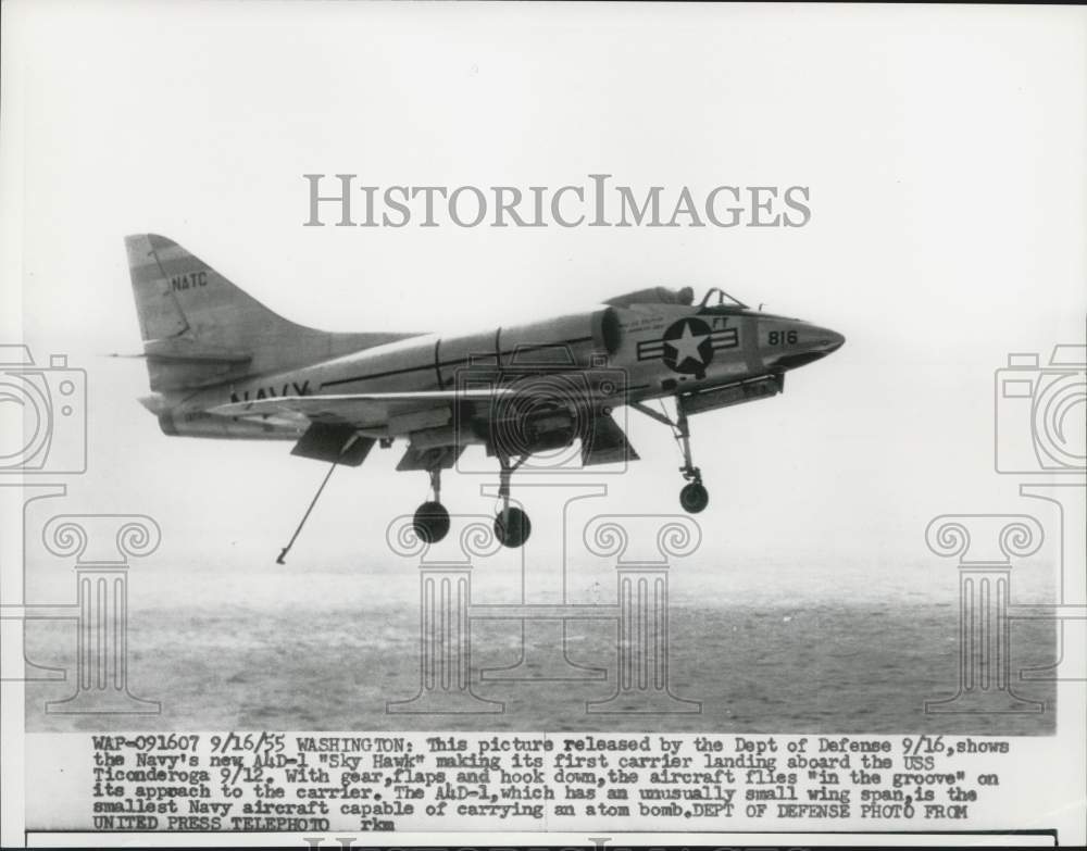 1955 Press Photo US Navy A4D-1 &quot;Sky Hawk&quot; makes its first carrier landing.