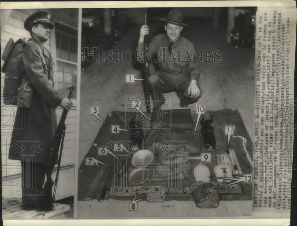 1941 Press Photo Sergeant F. Hunsaker shows the contents of his field pack