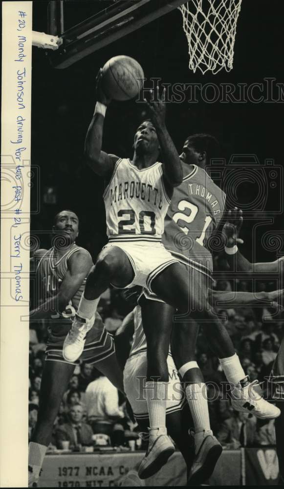 1985 Press Photo Bradley&#39;s Jerry Thomas plays in basketball game - mjo00052- Historic Images