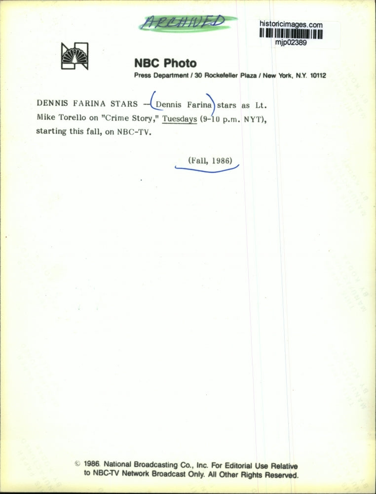 1986 Press Photo Dennis Farina stars as Lt. Mike Torello on "Crime Story"